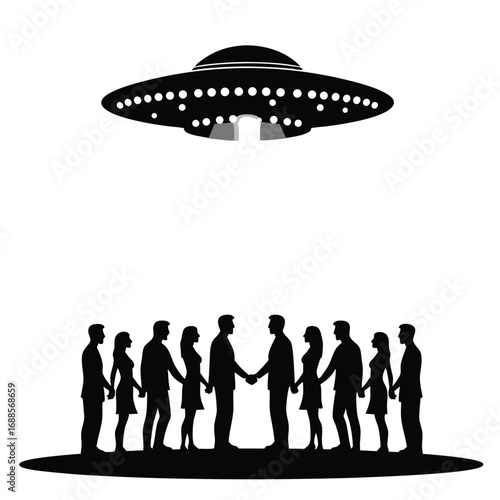 Black silhouette of a flying saucer hovering over a line of people