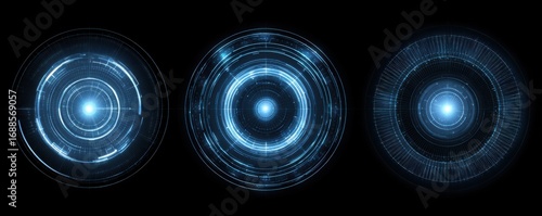 Three glowing circular interface displays, featuring concentric rings and a central light source