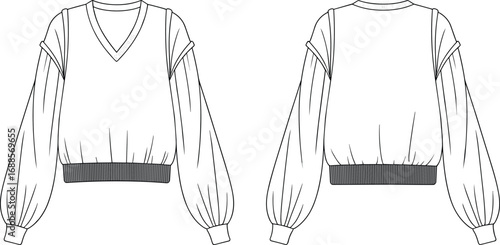 Fashion CAD flat sketch of sleeveless layered blouse with long puff sleeves, ribbed waist, V-neck, casual stylish women’s top front and back