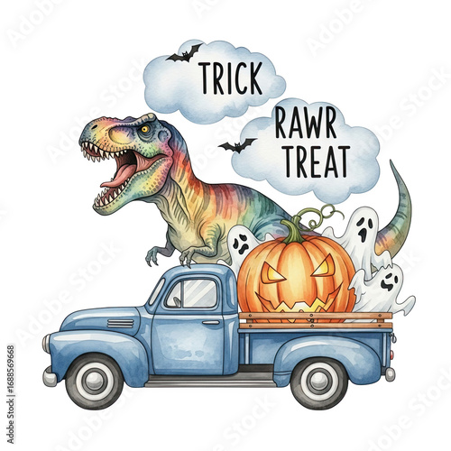 Cute cartoon dinosaur and pumpkin in a vintage truck with ghosts and halloween text isolated on transparent background