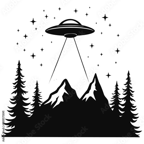 Black silhouette U F O hovering over snowy mountains with pine trees and stars