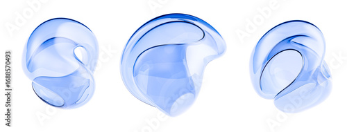 Elegant, transparent blue gradient glass objects isolated. Smooth, curved shapes 3d illustratioin. Cosmetic, science or technology abstract concept