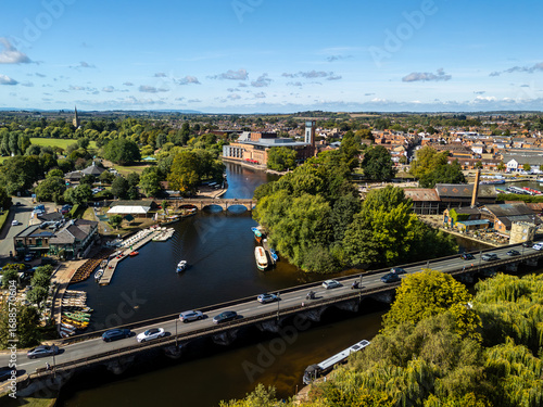 Aerial view of Stratford-upon-Avon showing the River Avon flowing through the town center