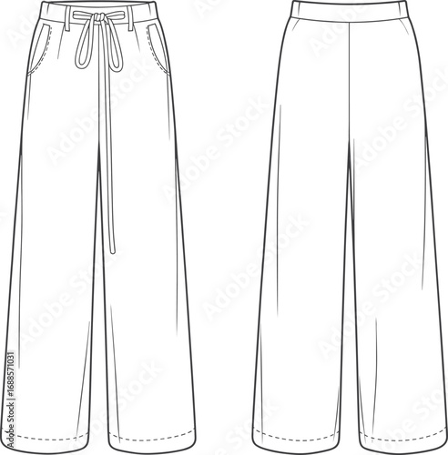 Fashion CAD flat sketch of women's wide-leg pants with drawstring waist, side pockets, casual loose fit, front and back view