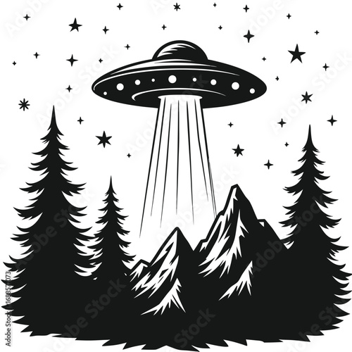 Flying Saucer Abducting Forest Scene Under Starry Night Sky