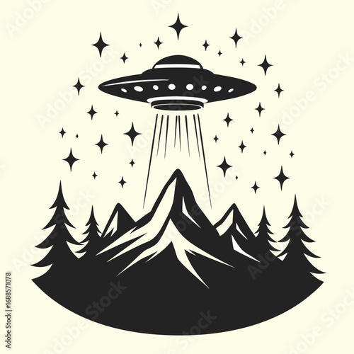 Flying saucer beaming light onto mountain landscape
