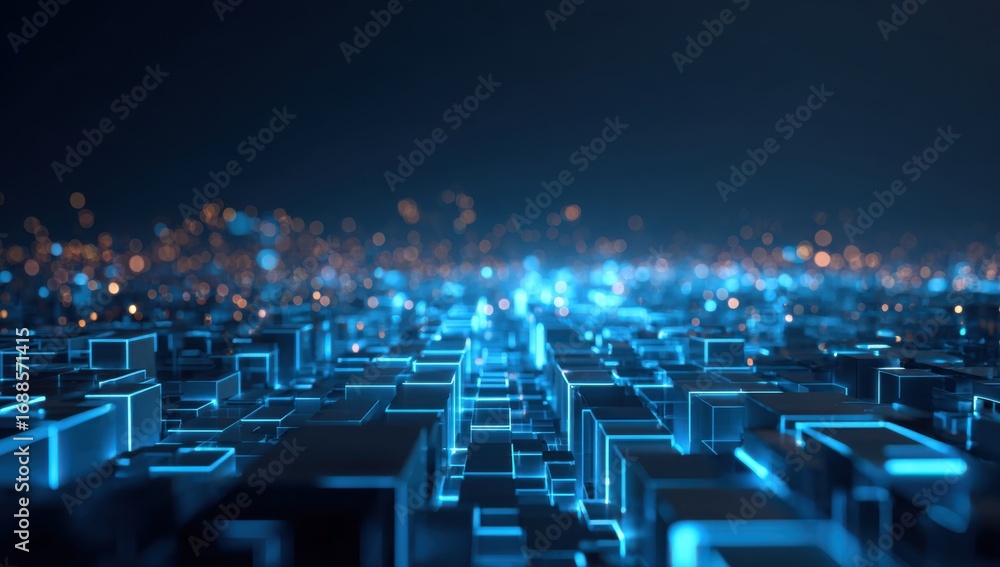 Obraz premium Abstract digital city of glowing cubes