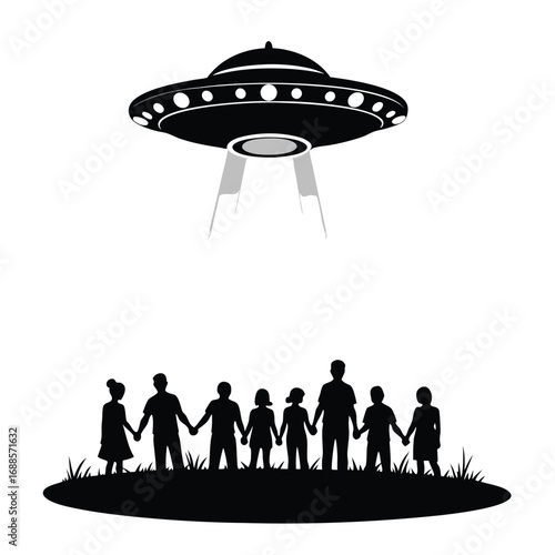 Flying saucer hovering over people holding hands in silhouette