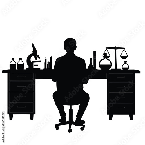 Scientist silhouette at laboratory desk with microscope and balance scale