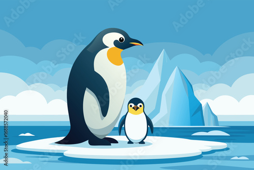 Cute Penguins on an Ice Floe in a Cartoon Arctic Landscape