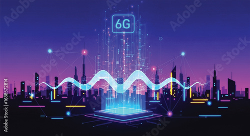 A vibrant depiction of 6G technology integrated into a futuristic city, showcasing the potential for high-speed data transfer and advanced communication networks. EPS Vector