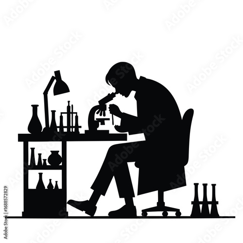 Scientist silhouette using microscope in laboratory