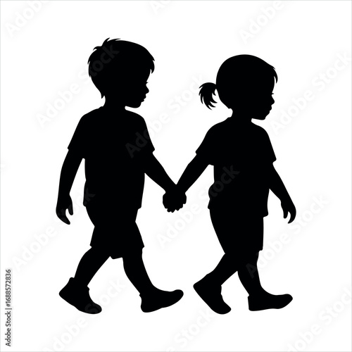 Brother and sister walking silhouette vector image illustration