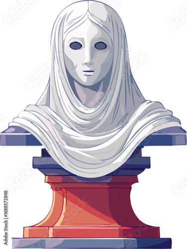 A stylized marble bust of a veiled woman, serene and enigmatic, rests on a layered pedestal.