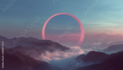 Surreal pink and blue circular portal glowing in the sky above mountains, giant white circle with god rays, cinematic symmetrical matte painting style, foggy sunset landscape with dreamy atmosphere