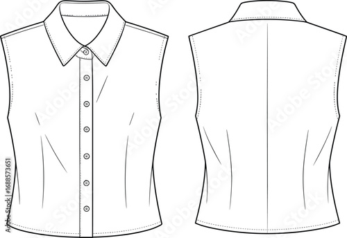 Sleeveless button down shirt flat sketch, collared blouse front and back technical drawing, fashion CAD vector illustration template.