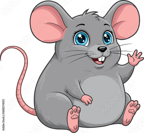 Adorable cartoon gray mouse waving happily, big blue eyes, sitting chubby rodent with pink ears and tail, vector illustration