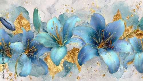 Floral border with azure lilies and gold accents