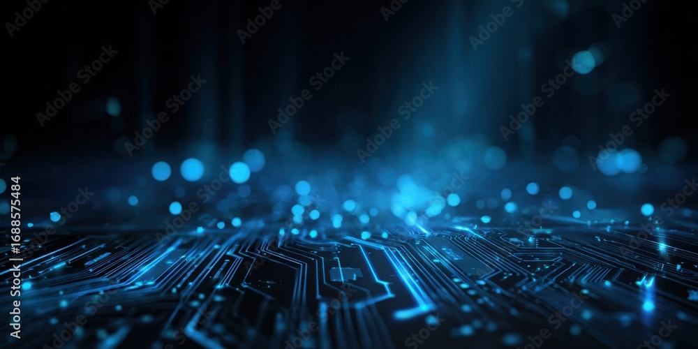 Fototapeta premium Futuristic circuit board with glowing blue lines and particles