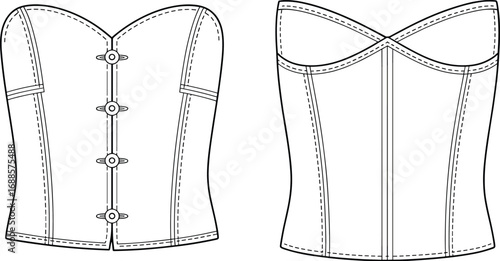 Vector fashion technical flat sketch of women's corset top with sweetheart neckline, boning seams, front busk closure, structured silhouette