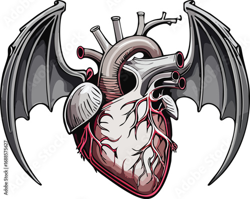 Anatomical heart with bat wings, detailed illustration, veins and arteries visible, gothic style.