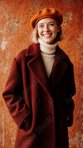 Stylish Woman Smiling While Wearing a Red Coat and Orange Beret