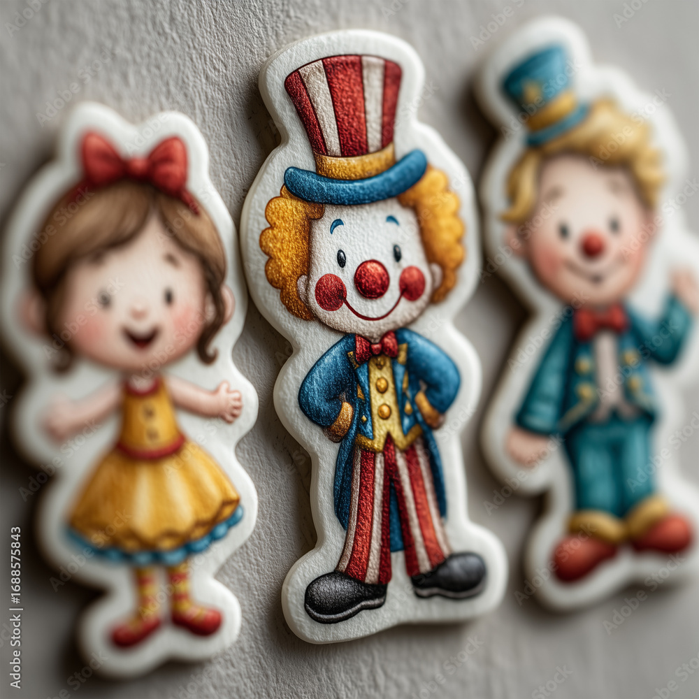 Fototapeta premium A printable sticker bundle of adorable circus performers including a balancing acrobat, a cheerful clown, a happy tightrope walker, and a smiling ringmaster, in big top colors generative AI