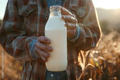 Vibrant Picture of Closeup Man Holding Bottle of Goats Milk