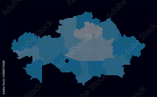 Kazakhstan dotted map. Digital style map of the country on dark background. Kazakhstan shape with square dots. Colored dots style. Small size squares. Awesome vector illustration.
