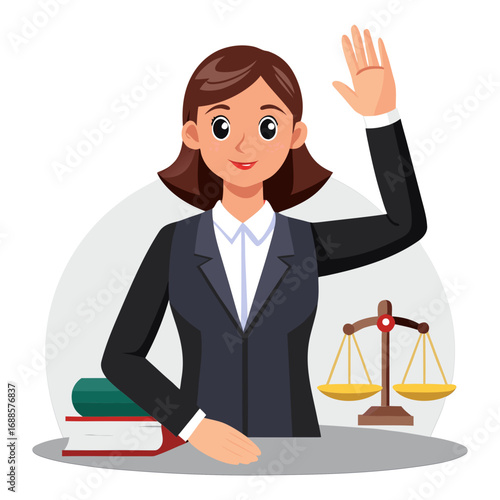 Empowered Female Lawyer Swearing Oath in Courtroom Vector Illustration, Justice Profession Concept, Professional Attorney Taking Oath Digital Artwork