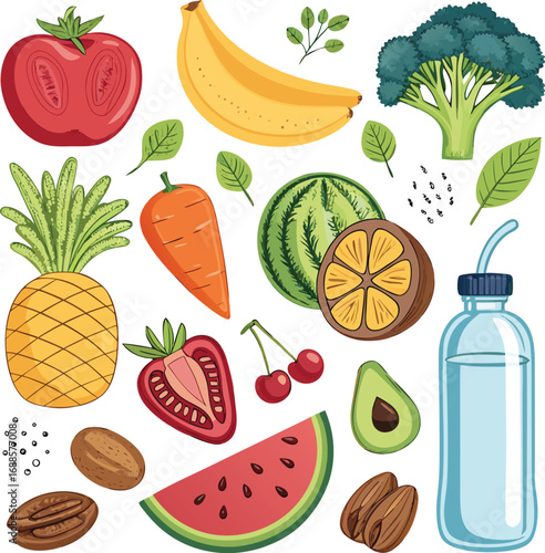 A colorful collection of fresh fruits and vegetables, including apples, oranges, bananas, and peppers, isolated on a white background