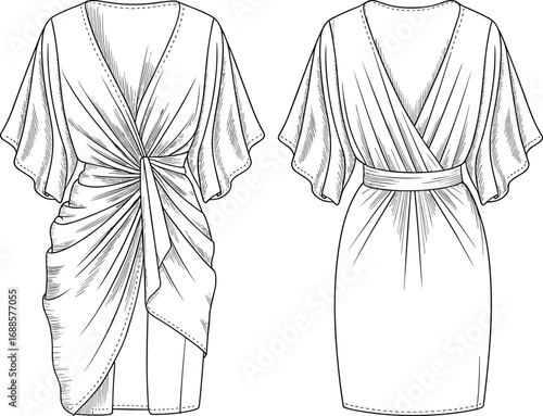 Vector fashion technical flat sketch of women's draped wrap dress with kimono sleeves, deep V-neckline, tie waist, ruched detailing, elegant evening wear