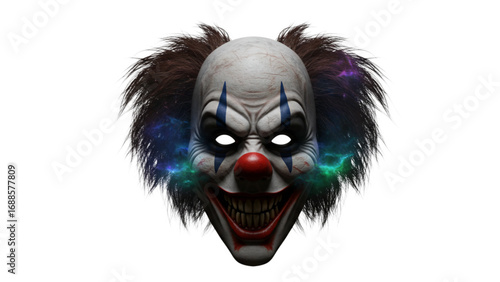 Scary Clown Mask with Glowing Background, Silhouette Isolated on Transparent White, Horror Halloween Concept