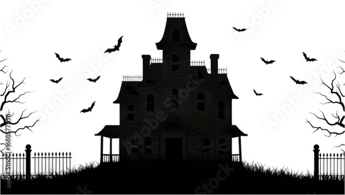 Spooky Haunted House with Bats and Fog, Silhouette Isolated on Transparent White, Halloween Horror Concept