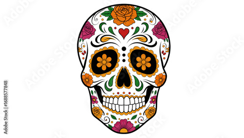 Day of the Dead Sugar Skull with Floral Patterns, Silhouette Isolated on Transparent White, Halloween Mexican Celebration Concept