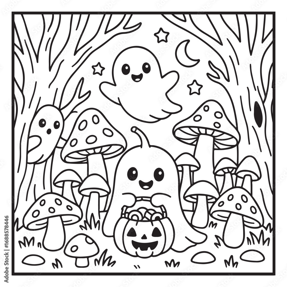 Obraz premium Bold & Easy Cute Halloween Coloring Pages, Line Art, Vector Illustration, Black and White, Halloween, Coloring Pages, Coloring Book, 8.5x8.5