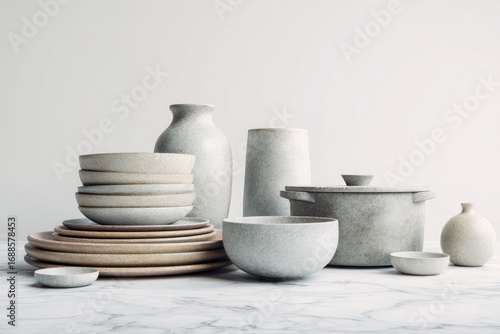A minimalist still life featuring a collection of subtly textured, light grey and beige ceramic tableware and vessels arranged on a marble surface against a neutral backdrop
