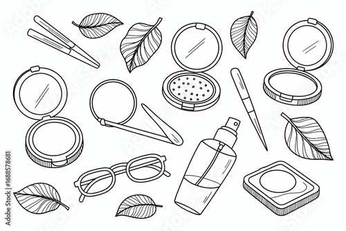 Hand-drawn collection of natural beauty essentials and cosmetic products in a doodle line art style