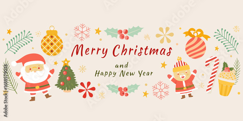 Cute christmas and happy new year greeting banner with santa claus christmas tree candy cane and festive ornaments