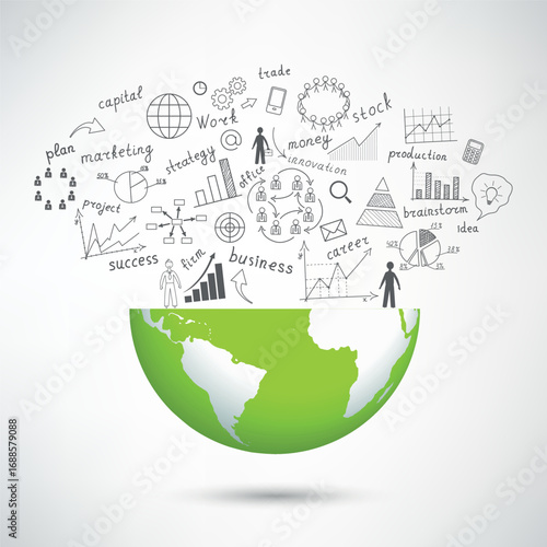 Creative drawing chart and graphs business plan idea on globe, Business world concept modern design template work flow layout, diagram, step up options, Vector