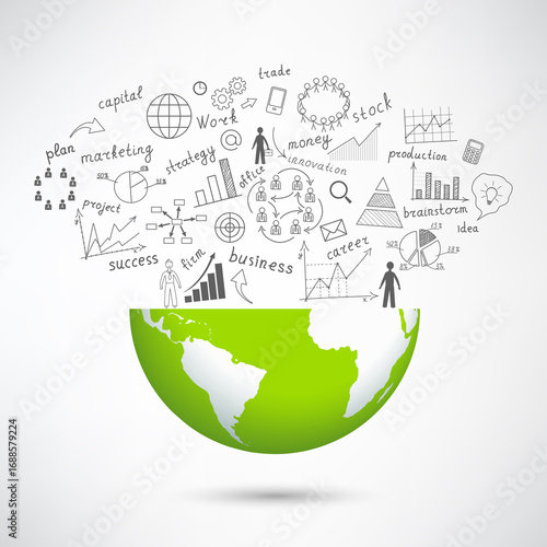 Creative drawing chart and graphs business plan idea on globe, Business world concept modern design template work flow layout, diagram, step up options, Vector