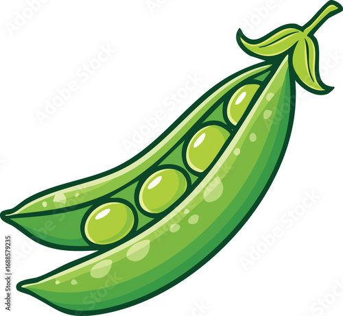 A vibrant illustration of a split pea pod revealing several plump, green peas.