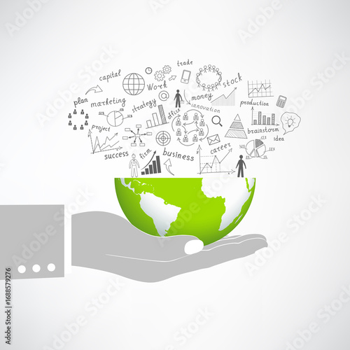 Creative drawing chart and graphs business plan idea on globe, Business world concept modern design template work flow layout, diagram, step up options, Vector