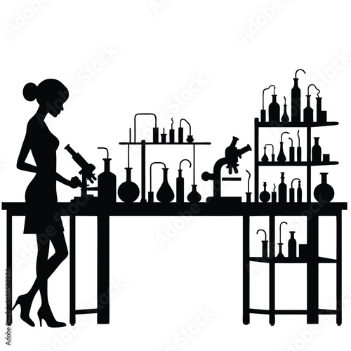 Silhouette of woman in laboratory with microscopes and glassware