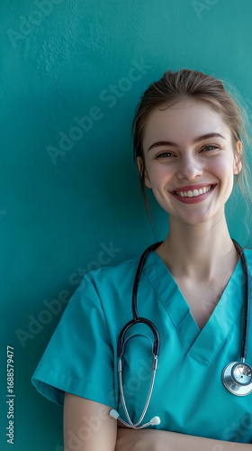 Healthcare professional smiling in medical uniform wellness center portrait bright environment close-up service promotion