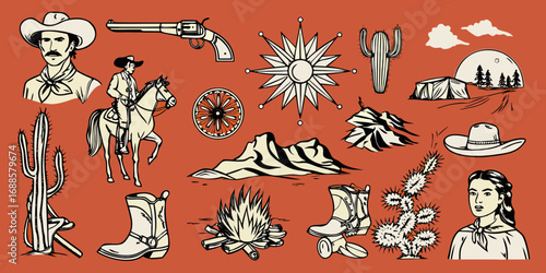 Collection of western cowboy elements including a man on horseback sheriff star cactus and campfire