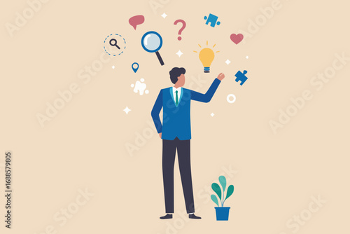 Businessman contemplating ideas and solutions with symbols of thought and innovation around him