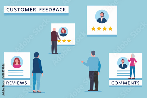 Diverse group of people interacting with customer feedback reviews and comments with star ratings