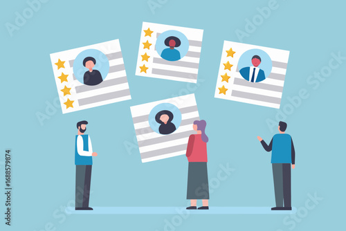 Diverse team reviewing candidate profiles with star ratings for hiring and recruitment process