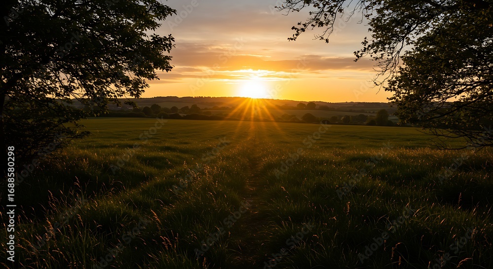 Fototapeta premium Sunset over field landscape